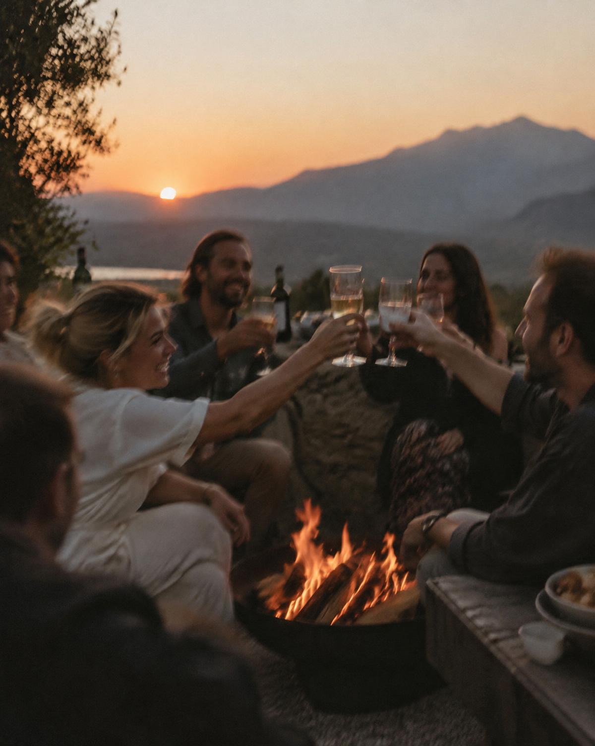 Grupo celebrando ao redor de um fogo ao pôr do sol