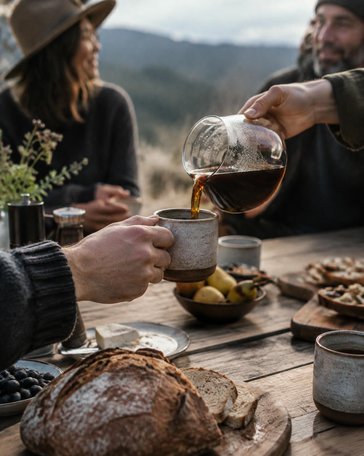Café sendo servido em uma mesa compartilhada ao ar livre