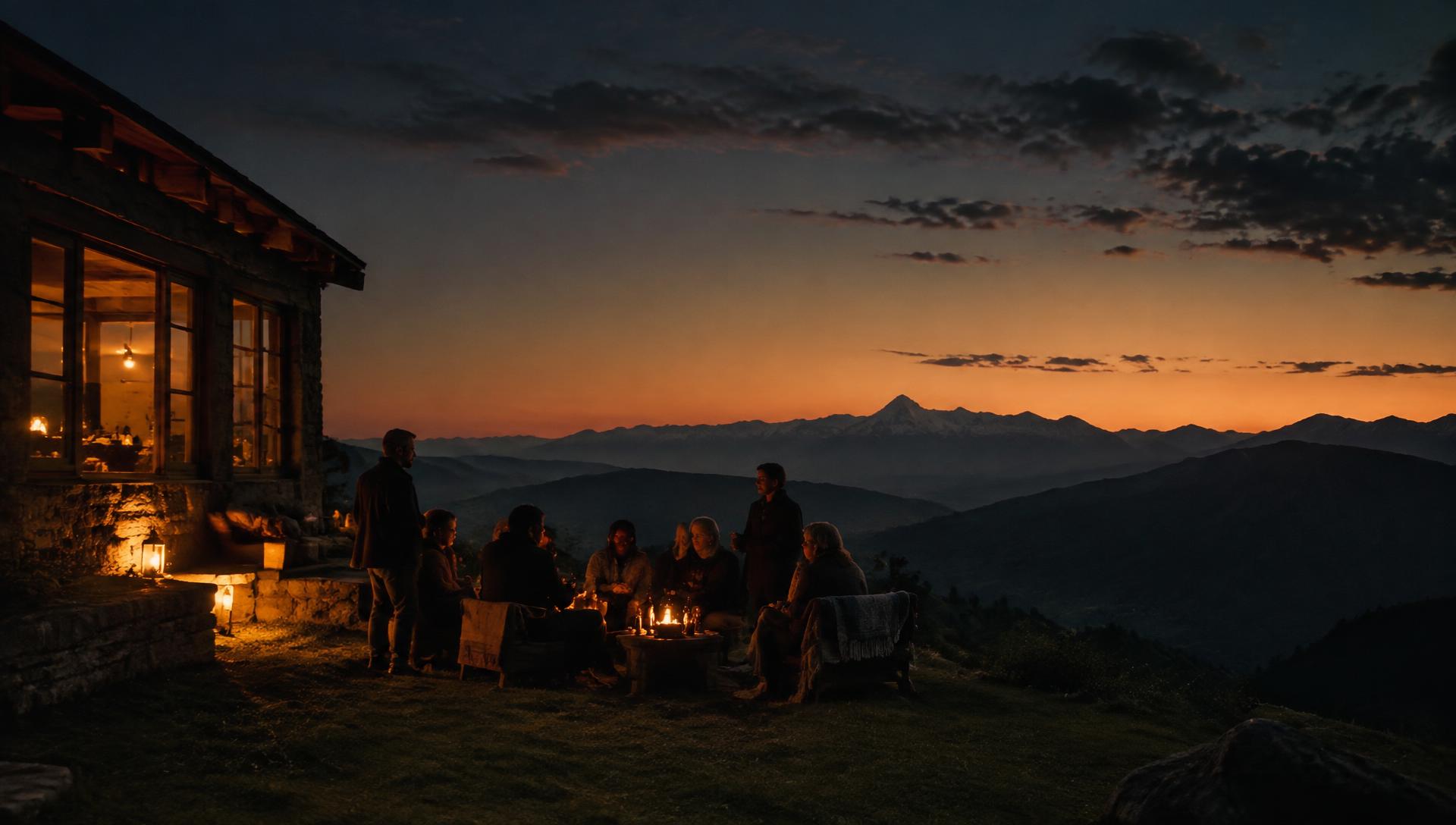 Encontro ao redor de luzes e fogo com a serra ao fundo no início da noite