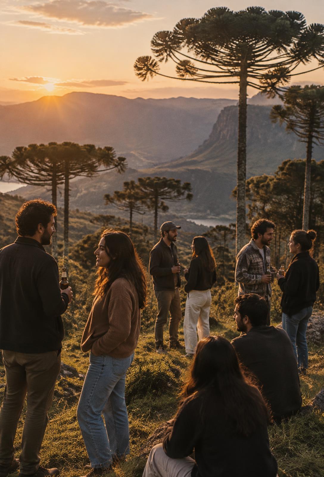 Grupo de pessoas reunido em um mirante da Serra Gaúcha ao pôr do sol, entre araucárias